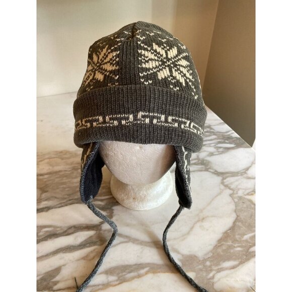 Gray Winter Ski Hat Ear Flaps Snowflake Design - Picture 2 of 5